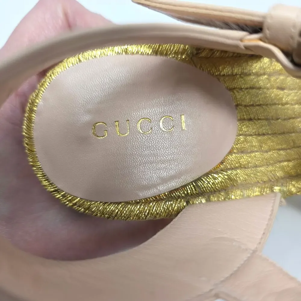 Gucci Platform GG Logo Pink Gold Espadrille Wedge Sandals IT 39 US 9 658629